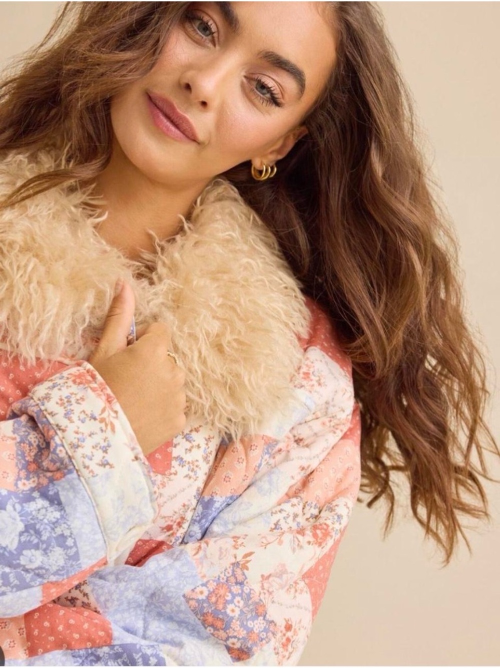 Floral Patchwork Quilted Jacket with Faux-Shearling Collar - Cream & Coral - Picture 3 of 6